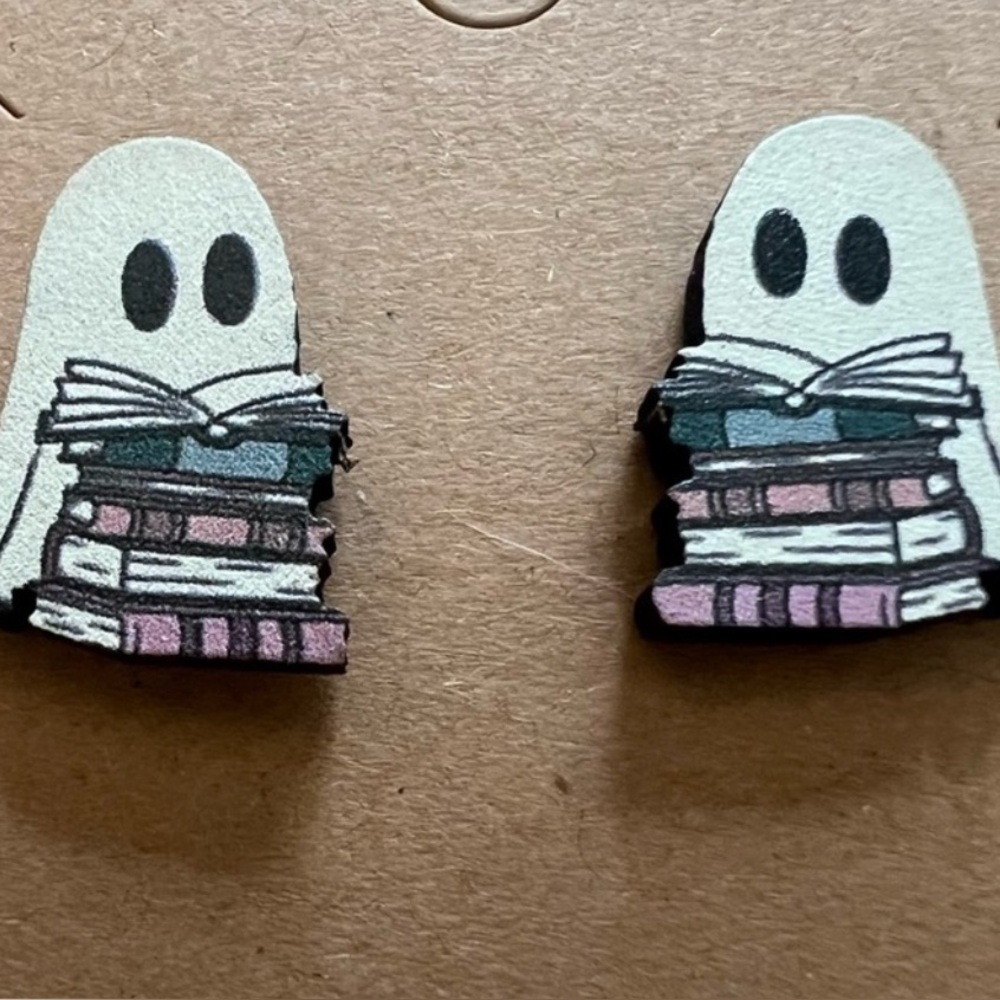 Ghost Reading Books Stud Earrings